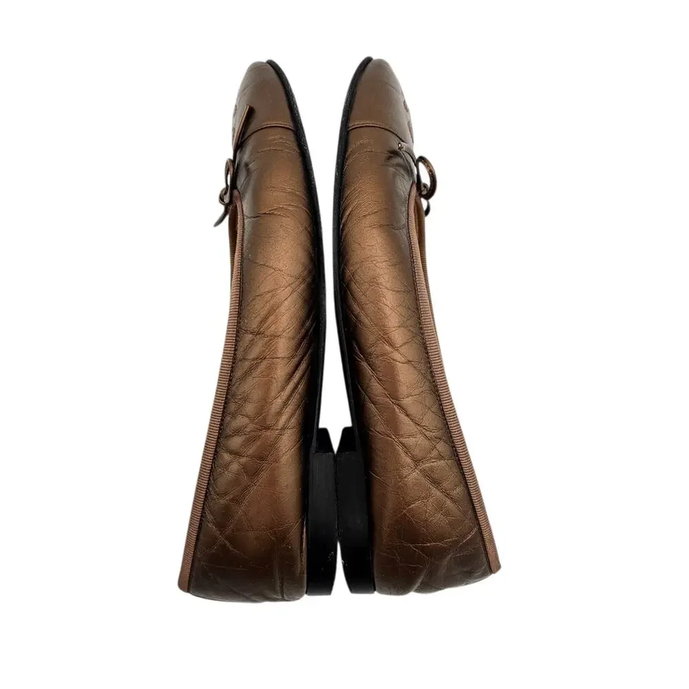 Chanel CC Cap Toe Ballet Flat Slipper Brown Bronze Leather Size 36.5 US 5.5 6